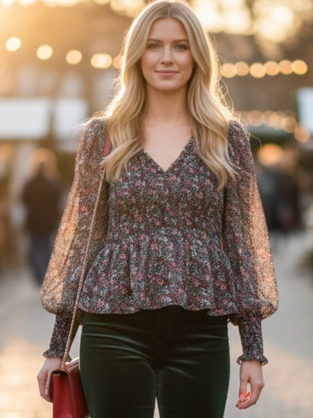 AQUA Bloomingdale's Ditsy Floral Smocked Peplum Blouse Black Pink Career Large
